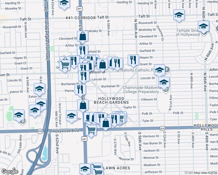 map of restaurants, bars, coffee shops, grocery stores, and more near 5743 Buchanan Street in Hollywood
