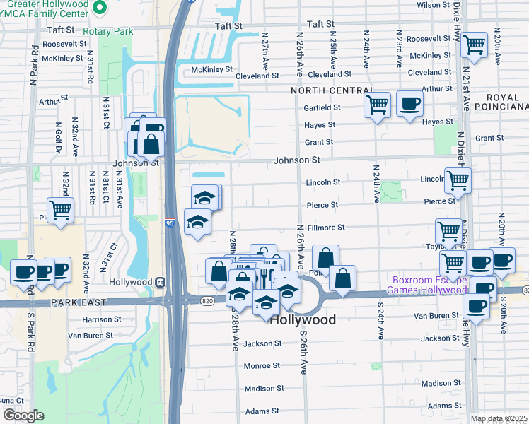 map of restaurants, bars, coffee shops, grocery stores, and more near 2704 Pierce Street in Hollywood