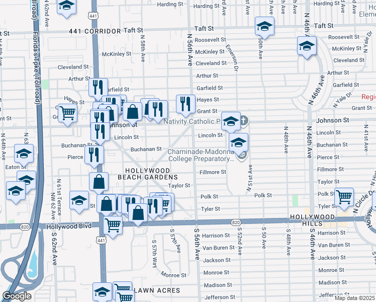map of restaurants, bars, coffee shops, grocery stores, and more near 5619 Buchanan Street in Hollywood