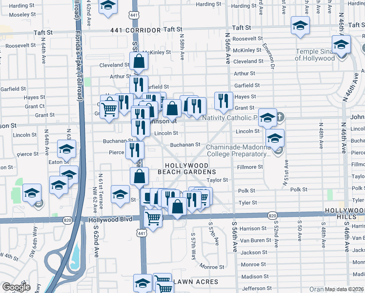 map of restaurants, bars, coffee shops, grocery stores, and more near 5743 Buchanan Street in Hollywood