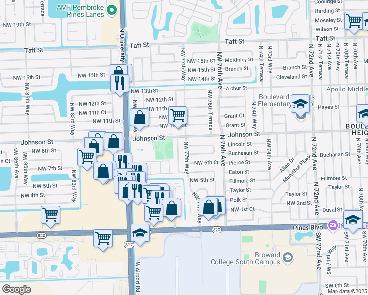 map of restaurants, bars, coffee shops, grocery stores, and more near 800 Northwest 78th Avenue in Pembroke Pines