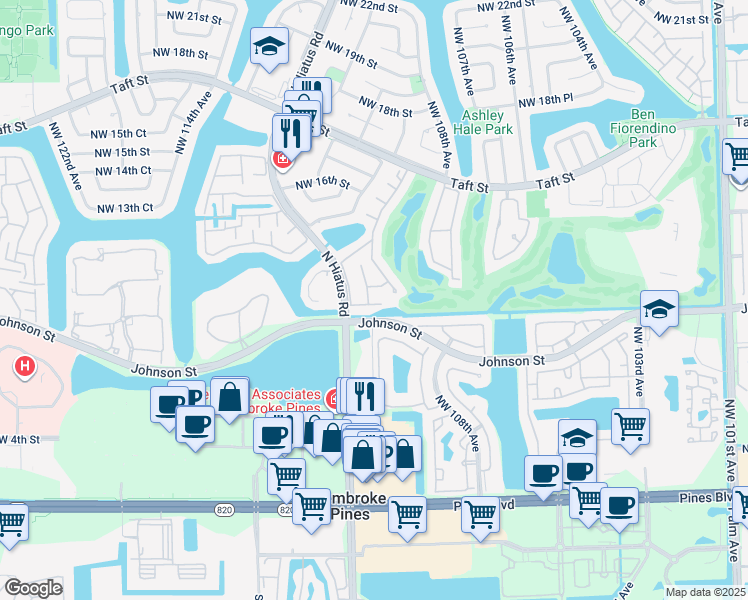 map of restaurants, bars, coffee shops, grocery stores, and more near 10910 Clubhouse Road in Pembroke Pines