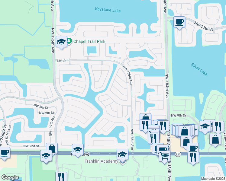 map of restaurants, bars, coffee shops, grocery stores, and more near 19103 Northwest 12th Court in Pembroke Pines