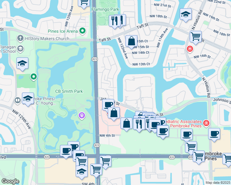 map of restaurants, bars, coffee shops, grocery stores, and more near 12241 Northwest 11th Street in Pembroke Pines