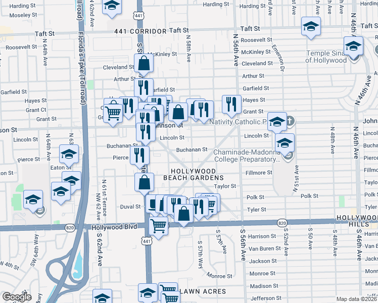 map of restaurants, bars, coffee shops, grocery stores, and more near 5743 Buchanan Street in Hollywood