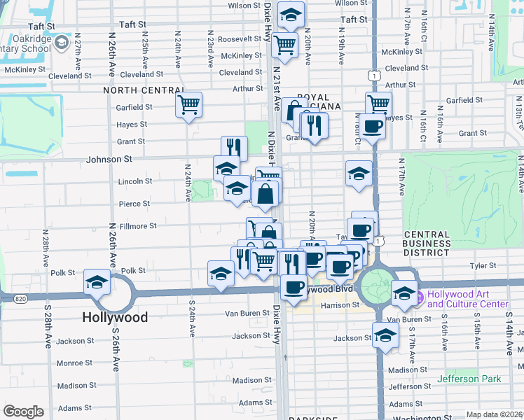 map of restaurants, bars, coffee shops, grocery stores, and more near 526a North Dixie Highway in Hollywood