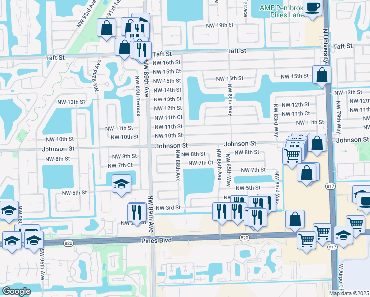 map of restaurants, bars, coffee shops, grocery stores, and more near 8760 Johnson Street in Pembroke Pines