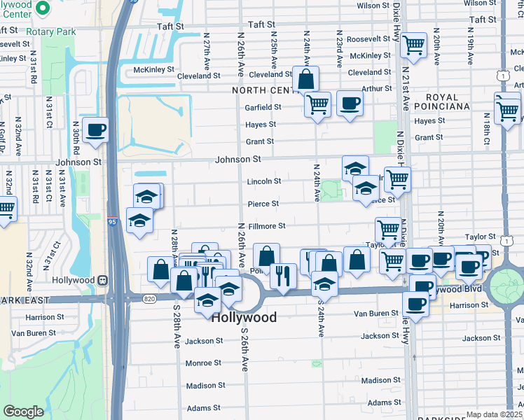 map of restaurants, bars, coffee shops, grocery stores, and more near 2531 Pierce Street in Hollywood
