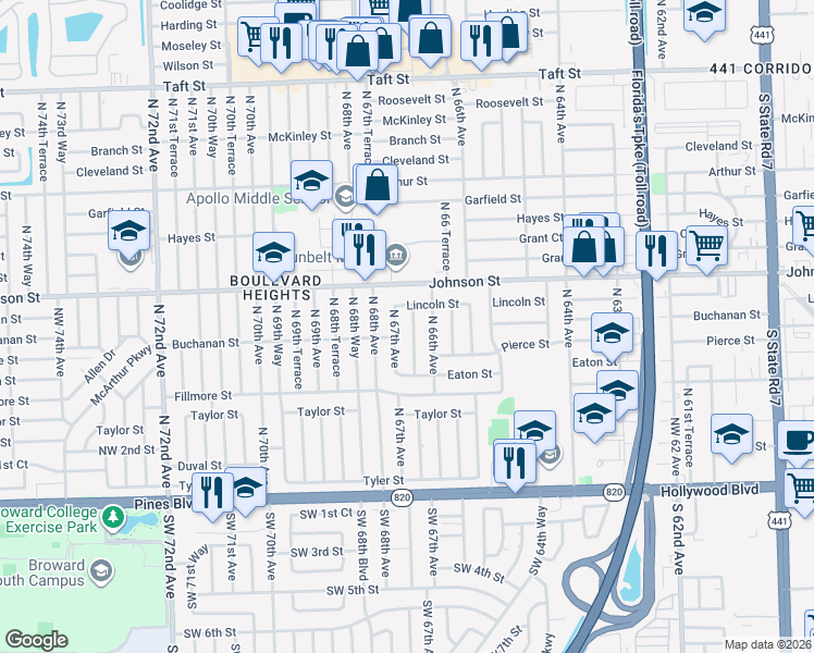 map of restaurants, bars, coffee shops, grocery stores, and more near 720 North 67th Avenue in Hollywood
