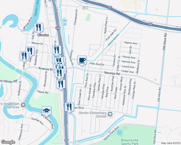 map of restaurants, bars, coffee shops, grocery stores, and more near 30933-31079 Naranjo Road in Olmito