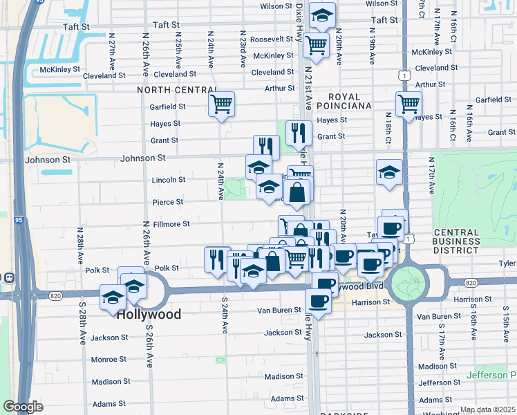 map of restaurants, bars, coffee shops, grocery stores, and more near 2236 Pierce Street in Hollywood