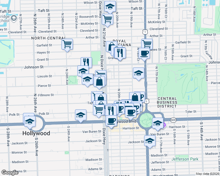 map of restaurants, bars, coffee shops, grocery stores, and more near 2028 Pierce Street in Hollywood