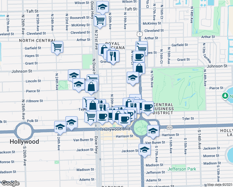 map of restaurants, bars, coffee shops, grocery stores, and more near 1946 Pierce Street in Hollywood