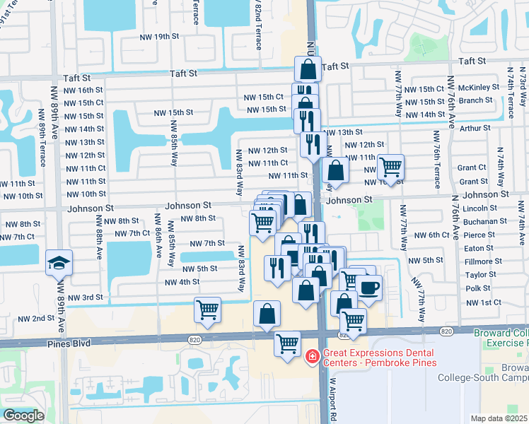 map of restaurants, bars, coffee shops, grocery stores, and more near 8200 Johnson Street in Pembroke Pines