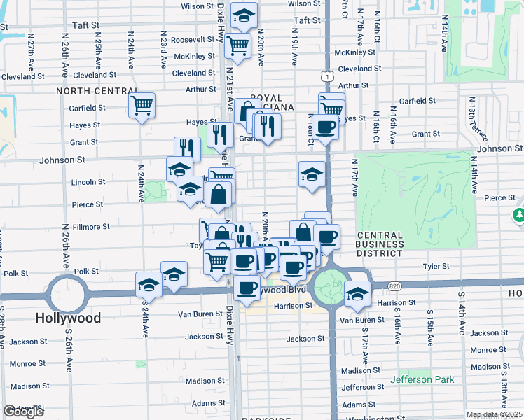 map of restaurants, bars, coffee shops, grocery stores, and more near 2028 Pierce Street in Hollywood