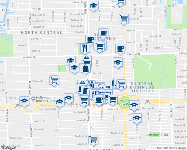 map of restaurants, bars, coffee shops, grocery stores, and more near 2028 Pierce Street in Hollywood