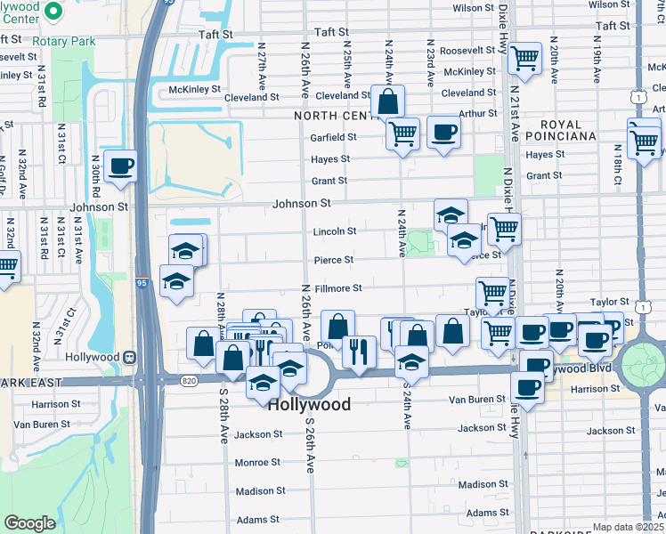 map of restaurants, bars, coffee shops, grocery stores, and more near 2531 Pierce Street in Hollywood