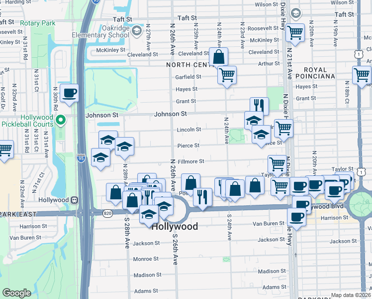 map of restaurants, bars, coffee shops, grocery stores, and more near 2531 Pierce Street in Hollywood