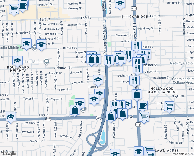 map of restaurants, bars, coffee shops, grocery stores, and more near 37 North 63rd Avenue in Hollywood