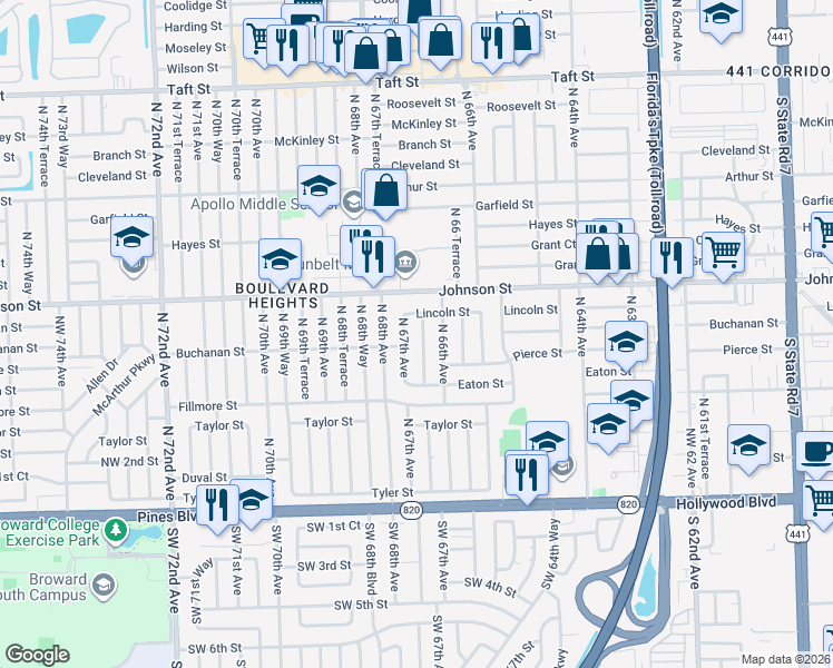 map of restaurants, bars, coffee shops, grocery stores, and more near 720 North 67th Avenue in Hollywood