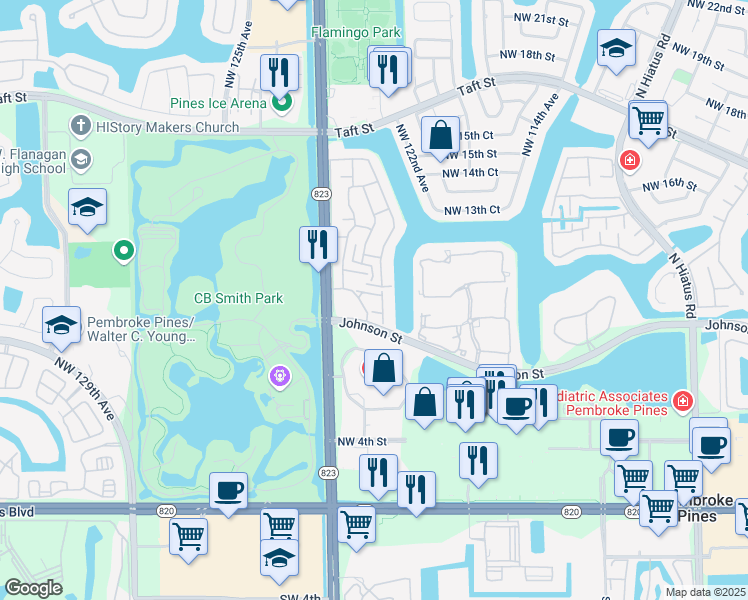 map of restaurants, bars, coffee shops, grocery stores, and more near 12241 Northwest 11th Street in Pembroke Pines
