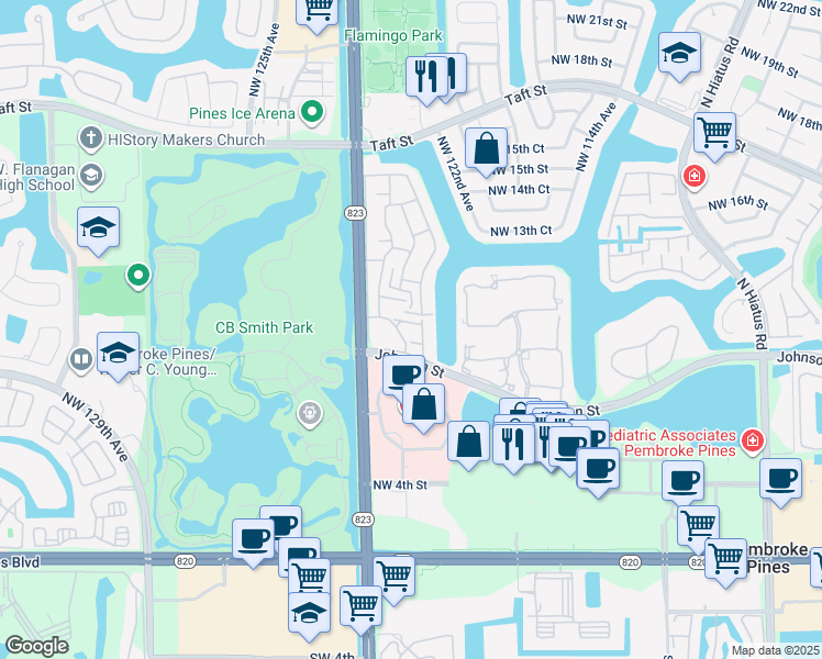 map of restaurants, bars, coffee shops, grocery stores, and more near 12241 Northwest 11th Street in Pembroke Pines
