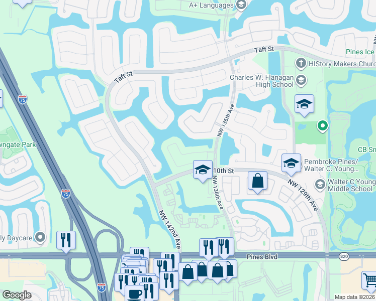 map of restaurants, bars, coffee shops, grocery stores, and more near 13815 Northwest 11th Street in Pembroke Pines
