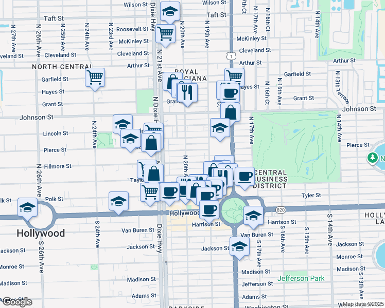 map of restaurants, bars, coffee shops, grocery stores, and more near 1946 Pierce Street in Hollywood