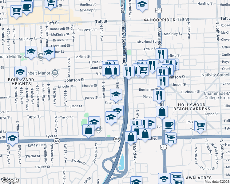map of restaurants, bars, coffee shops, grocery stores, and more near 37 North 63rd Avenue in Hollywood