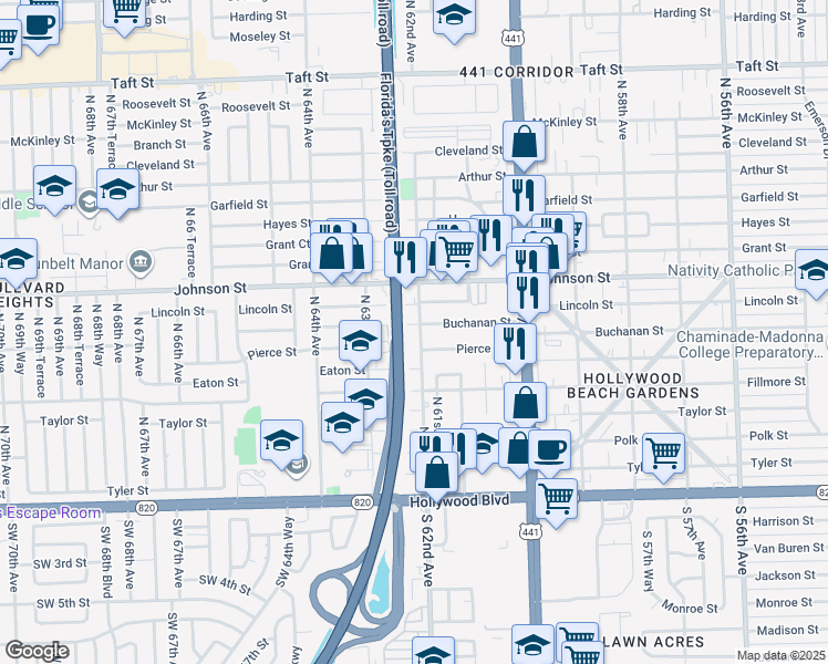 map of restaurants, bars, coffee shops, grocery stores, and more near 6206 Buchanan Street in Hollywood
