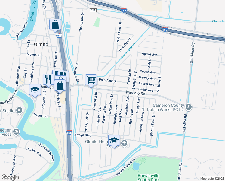 map of restaurants, bars, coffee shops, grocery stores, and more near 31079 Naranjo Rd in Olmito