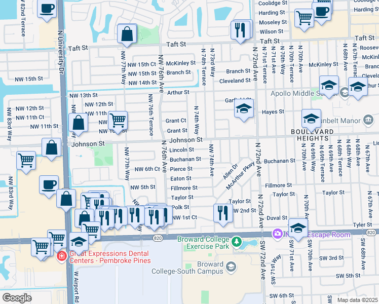 map of restaurants, bars, coffee shops, grocery stores, and more near 7490 Lincoln Street in Hollywood