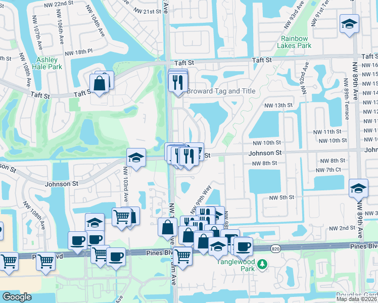 map of restaurants, bars, coffee shops, grocery stores, and more near 9942 Northwest 10th Street in Pembroke Pines