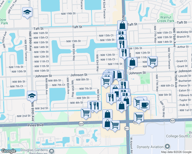 map of restaurants, bars, coffee shops, grocery stores, and more near 8330 Johnson Street in Pembroke Pines
