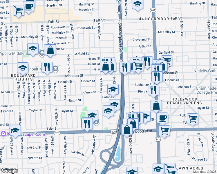 map of restaurants, bars, coffee shops, grocery stores, and more near 6318 Buchanan Street in Hollywood