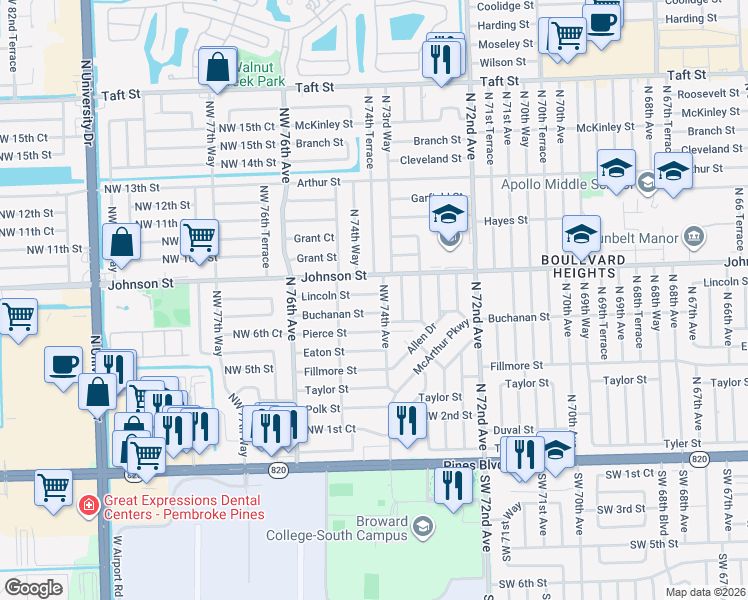 map of restaurants, bars, coffee shops, grocery stores, and more near 7410 Lincoln Street in Hollywood