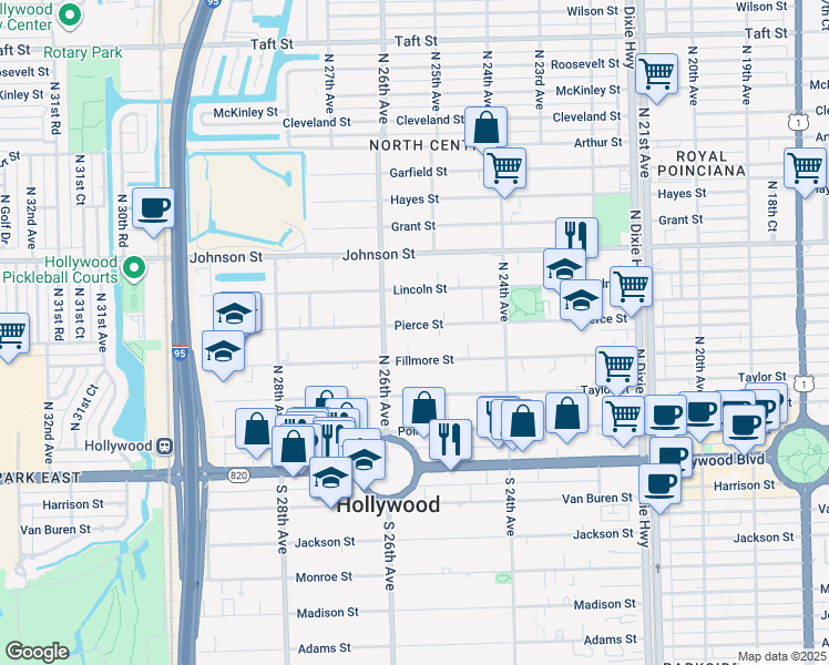 map of restaurants, bars, coffee shops, grocery stores, and more near 2531 Pierce Street in Hollywood
