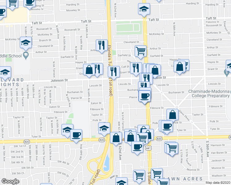 map of restaurants, bars, coffee shops, grocery stores, and more near 6206 Buchanan Street in Hollywood