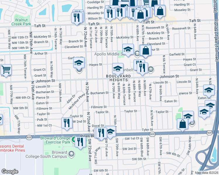 map of restaurants, bars, coffee shops, grocery stores, and more near 731 North 70th Terrace in Hollywood