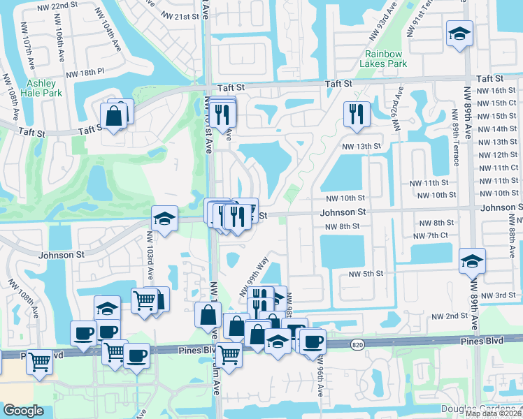 map of restaurants, bars, coffee shops, grocery stores, and more near 9800 Northwest 10th Street in Pembroke Pines