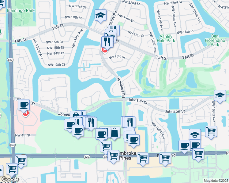 map of restaurants, bars, coffee shops, grocery stores, and more near 1140 North Hiatus Road in Pembroke Pines