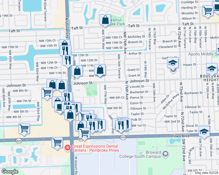 map of restaurants, bars, coffee shops, grocery stores, and more near 7741 Northwest 8th Street in Pembroke Pines