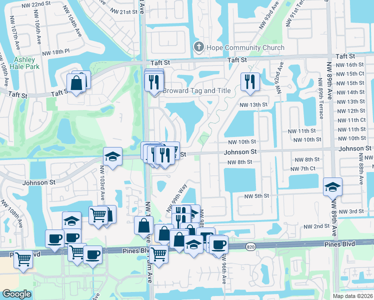 map of restaurants, bars, coffee shops, grocery stores, and more near 9800 Northwest 10th Street in Pembroke Pines