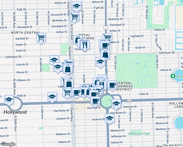map of restaurants, bars, coffee shops, grocery stores, and more near 1946 Pierce Street in Hollywood