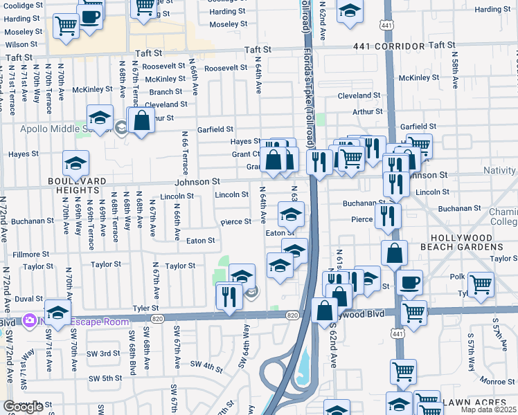 map of restaurants, bars, coffee shops, grocery stores, and more near 6335 Buchanan Street in Hollywood