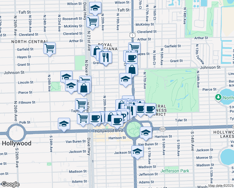 map of restaurants, bars, coffee shops, grocery stores, and more near 522 North 19th Avenue in Hollywood