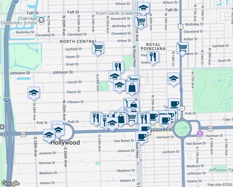 map of restaurants, bars, coffee shops, grocery stores, and more near 2236 Pierce Street in Hollywood