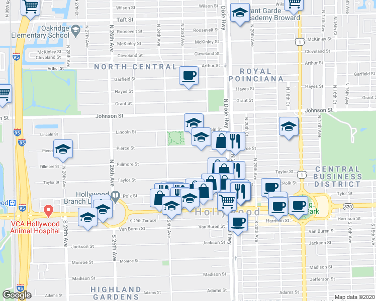 map of restaurants, bars, coffee shops, grocery stores, and more near 2236 Pierce Street in Hollywood