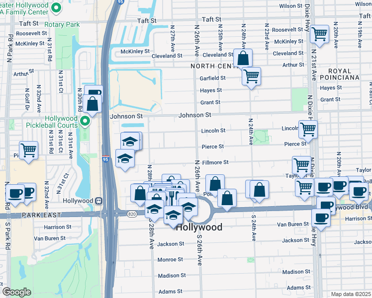 map of restaurants, bars, coffee shops, grocery stores, and more near 2614 Pierce Street in Hollywood