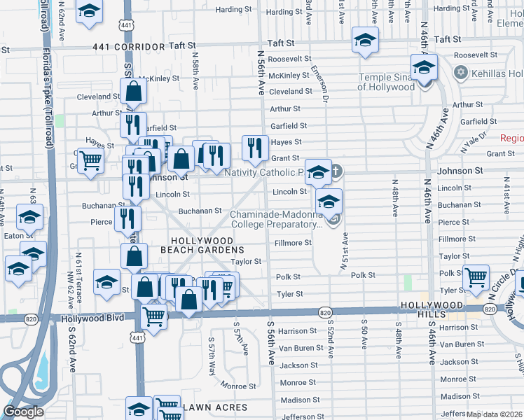 map of restaurants, bars, coffee shops, grocery stores, and more near 5619 Buchanan Street in Hollywood